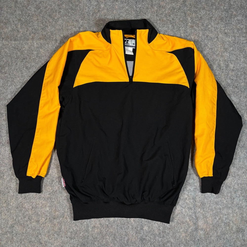 VTG Russell Quarter Zip Windbreaker Mens S Black Gold Team Issue Jacket Pullover